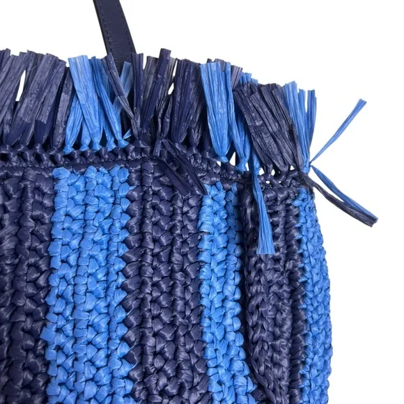 Kate Spade Sam Stripe Straw Medium Satchel Blue - Picture 5 of 16